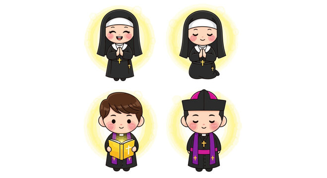 Cute chibi style religious figures including nuns and priests in cartoon illustration.