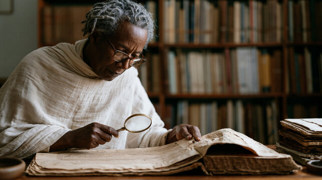 Ethiopian librarian with silver locs carefully turning pages of a deteriorating manuscript under magnifying glass, archive preservation, Addis Ababa heritage library, afternoon