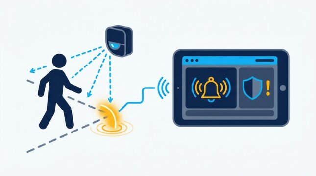 A security guard monitors a detection sensor alert system that activates when movement is detected, ensuring effective physical security management.