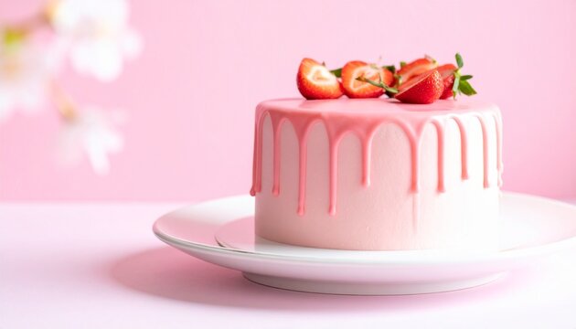 Pink Strawberry Drip Cake with Fresh Berries on Pastel Background
Keywords: strawberry cake, drip cake