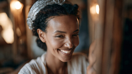 Obraz premium Ethiopian bridal stylist with silver-threaded headdress accessories works through a hair trial session with a laughing young bride seated before a wide vanity mirror backstage at