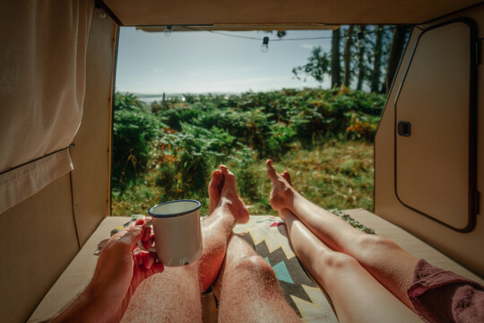 Morning Coffee in Vintage Campervan with Fern Forest View &ndash; Van Life Lifestyle