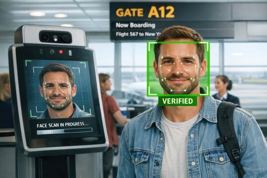 A person using a facial recognition device at an airport security checkpoint
