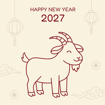 Chinese New Year 2027 greeting card. Red outline goat character, sakura flowers, and Asian decorations on beige background.