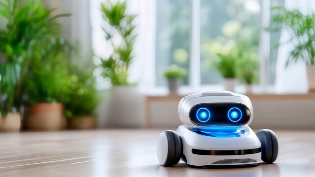 Small wheeled robot mp4ing across bright home floor with plants and windows in smart living space