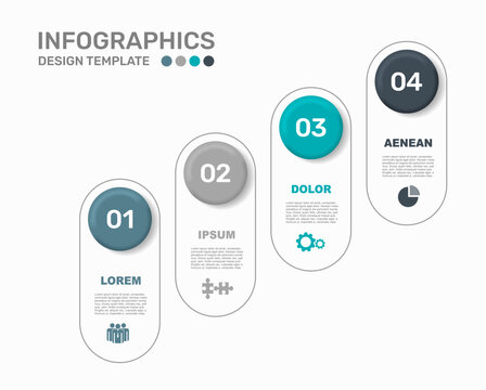 Modern business infographic template featuring four numbered colorful circular steps and line icons. Vector illustration.