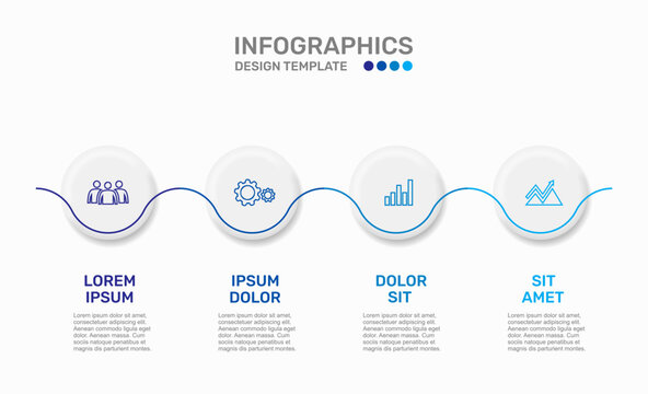 Modern business infographic template featuring circular steps with line icons and text. Vector illustration.