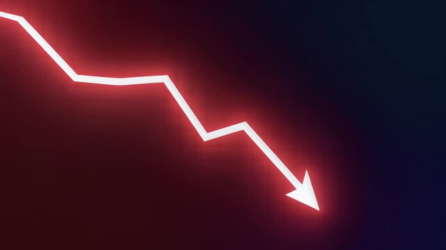 Red Neon Downward Trend Arrow Showing Stock Market Crash, Economic Recession, Business Decline, and Financial Crisis