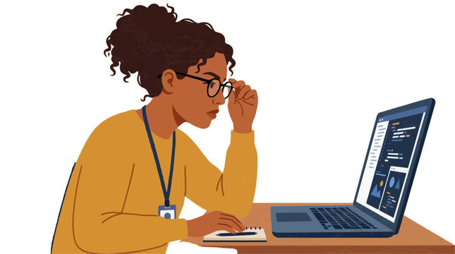 A stressed woman with glasses sitting at a desk in front of a laptop on transparent background Typical brazilian food,