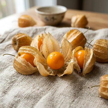Fresh physalis fruits on a rustic fabric cloth