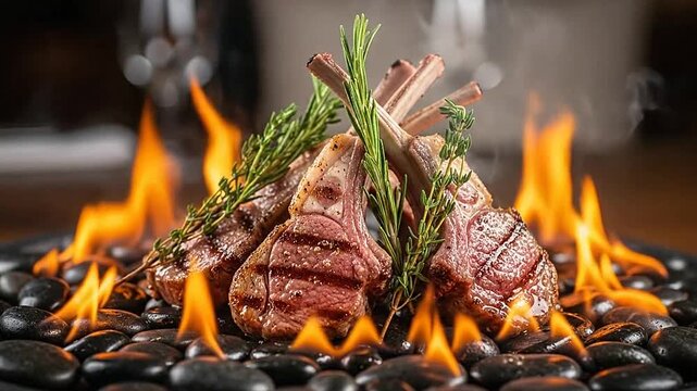 Grilled lamb chops served on hot stones with fresh herbs and flames