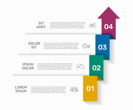 Modern business infographic template featuring four colorful staircase steps leading to an arrow. Vector illustration.