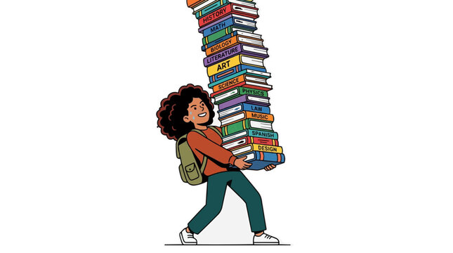 A cartoon illustration of a student carrying a large stack of books on transparent background Typical brazilian food,
