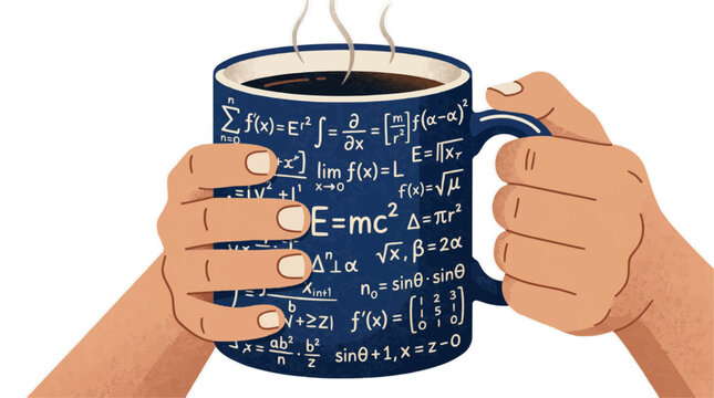 A vector graphic illustration of hands holding a blue coffee mug with mathematical equations on a transparent background Typical brazilian food,