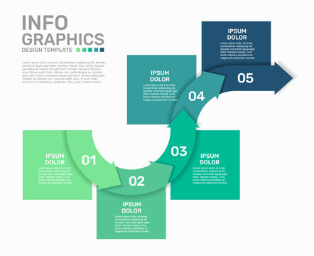 Modern business infographic template featuring five numbered colorful winding arrow steps. Vector illustration.
