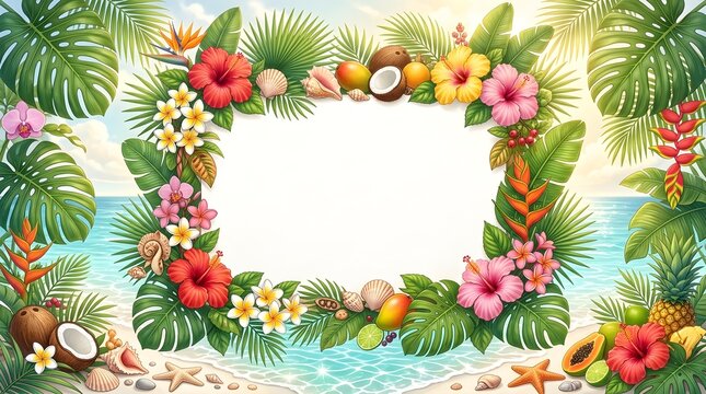 A vibrant tropical beach border frame featuring hibiscus, plumeria, monstera leaves, exotic fruits, and seashells, with empty center space for your summer design.