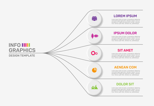 Modern business infographic template with five circular steps branching from a single point. Vector illustration.