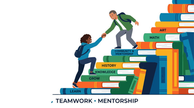 A vector graphic illustration of two people climbing a staircase of books representing teamwork and mentorship on transparent background Typical brazilian food,