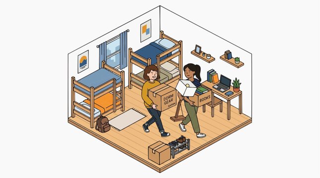 A colorful isometric illustration of two students moving into a dorm room with bunk beds and desks on transparent background Typical brazilian food,