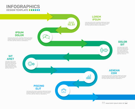Six-step gradient winding road timeline infographic template with placeholder text, and business icons. Vector illustration.