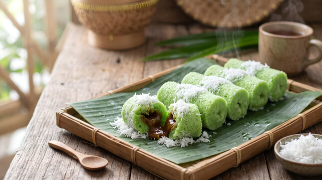 Fresh steamed Indonesian putu cakes with coconut topping and palm sugar filling, ideal for restaurant menus, tourism, cookbooks, hospitality, and commercial food advertising.