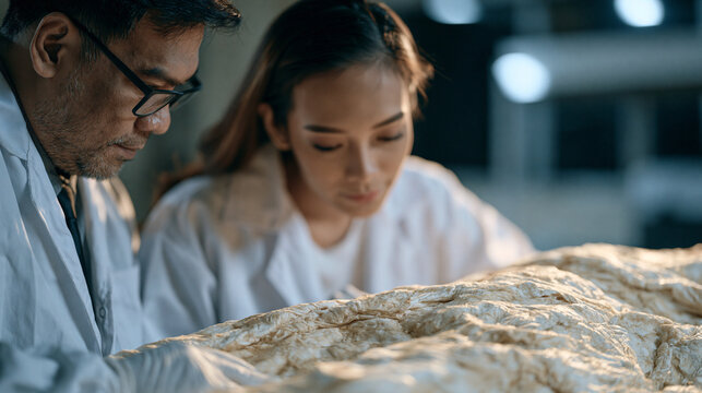 Filipino mortuary science student practicing embalming technique under instructor supervision in a clinical training room, professional focus, ventilated lab setting, academic
