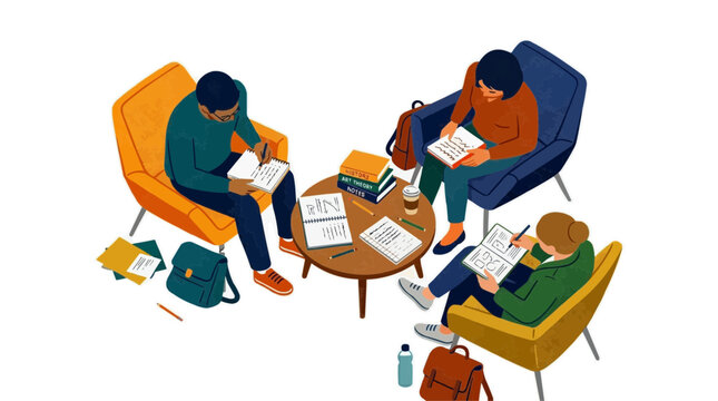 A vector graphic illustration of three students studying together in a cozy setting on transparent background Typical brazilian food,