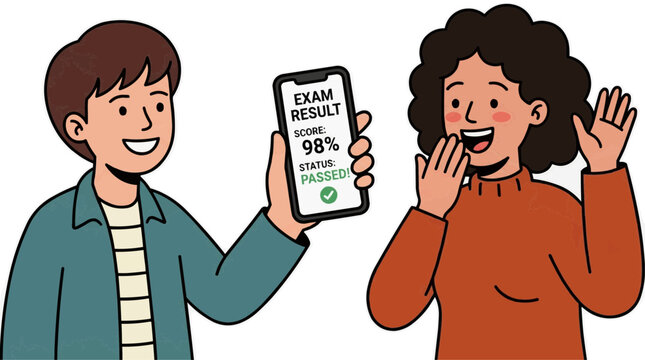 A cartoon illustration of two happy students celebrating a successful exam result on a smartphone on transparent background Typical brazilian food,