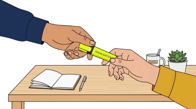 A minimalist vector illustration of two people exchanging a highlighter over a desk with office supplies on transparent background Typical brazilian food,