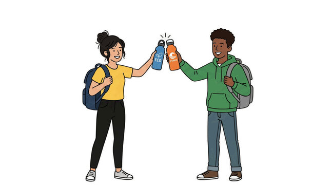 A colorful illustration of two students clinking their reusable water bottles together in a friendly gesture on transparent background Typical brazilian food,