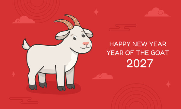 Chinese New Year 2027 horizontal banner design. Cute white goat cartoon character on red background with decorative elements
