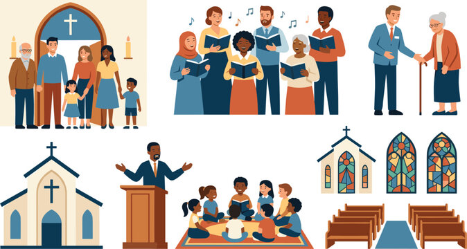 Christian Church Community Collection Featuring Worship Service, Choir, Prayer, Sermon and Religious Faith Activities