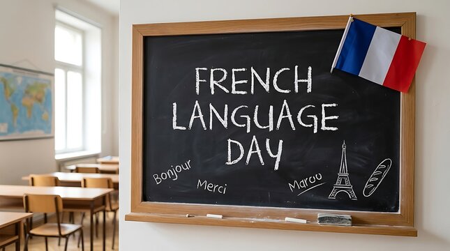 French language day chalkboard classroom sign with france flag, language