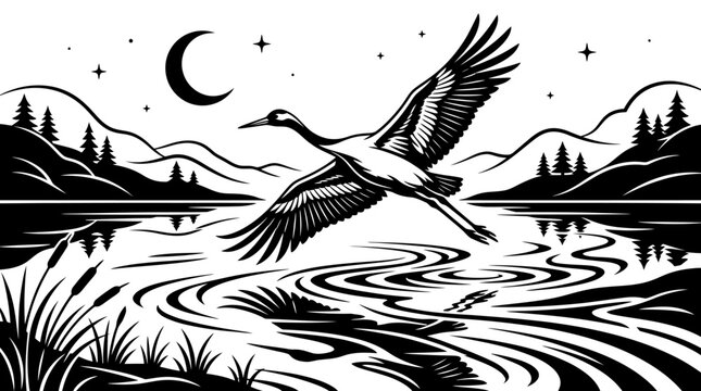 Crane flying over mountain lake landscape illustration.