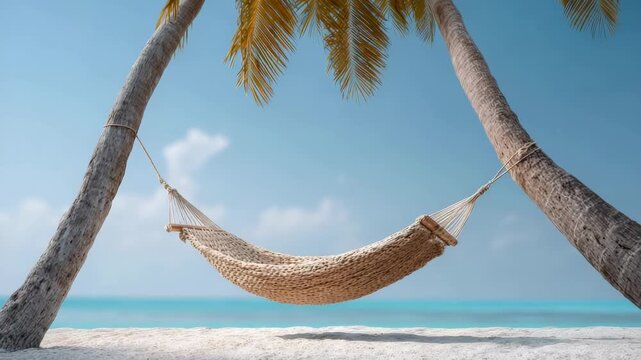 White sand beach with turquoise water and an empty hammock swinging gently between two palm trees under a blue sky with some clouds, creating a peaceful and relaxing tropical paradise atmosphere