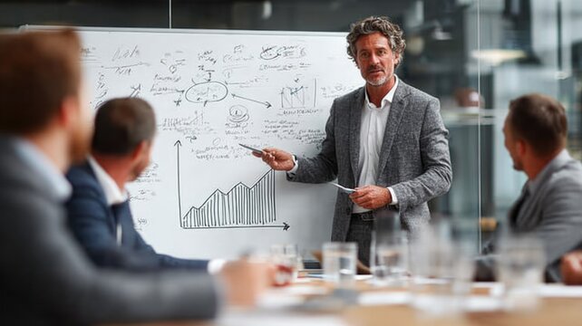 Professional business consultant explaining strategic roadmap digital interactive whiteboard corporate executives modern glass office workspace team --ar 16:9 --stylize 300 