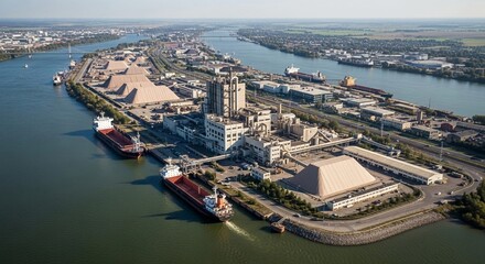 Obraz premium Extensive industrial complex with large ships docked beside a river, showcasing expansive port operations and manufacturing facilities.