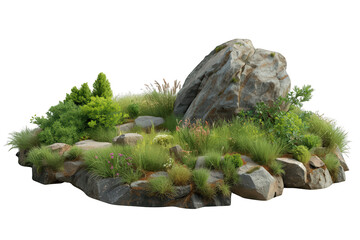 Fototapeta premium Rock garden landscaping with natural stone rocks, green plants, grass, shrubs, and flowering perennials, isolated on transparent background