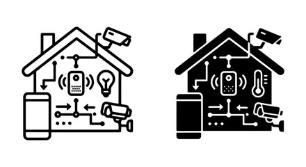 Smart Home Technology Icons, Connected House System, Security Cameras, Thermostat, Light Bulb, Mobile App Control, Vector Graphics © Riyaz