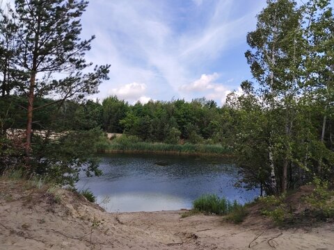 Sandy path leading to a calm forest lake framed by green trees