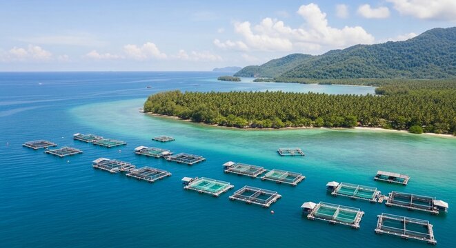Floating fish cages in clear blue ocean waters near a lush green tropical island, showcasing marine aquaculture operations