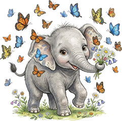 Obraz premium Cute Baby Elephant Holding Flowers Surrounded by Colorful Butterflies Art