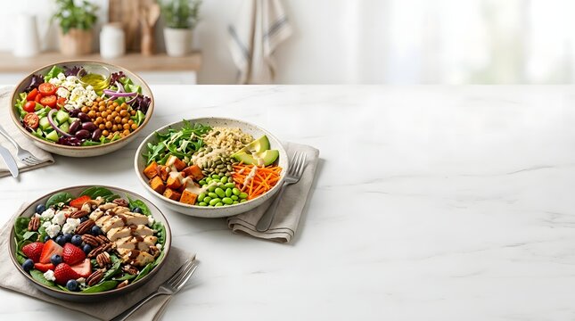 Three healthy salads in bowls on table
