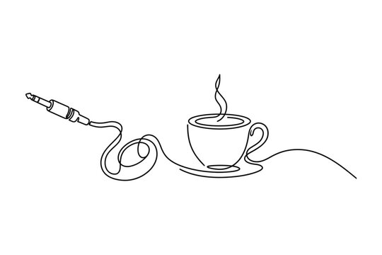 A continuous line drawing of a coffee cup connected to an audio jack plug.