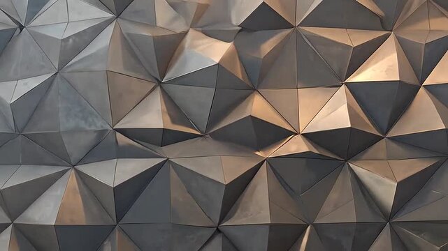 A modern architectural wall featuring a geometric pattern of metallic triangular panels