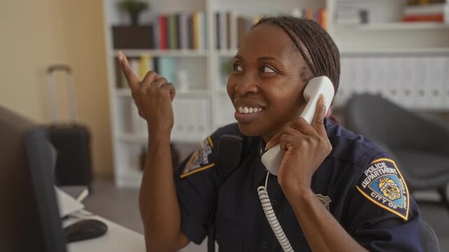 Woman police officer wearing uniform and badge holds corded telephone and points finger while smiling at desk in police building; duty alert.