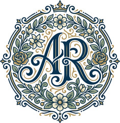 Obraz premium Elegant AR Monogram Logo Design Featuring Floral Wreath and Crown Elements