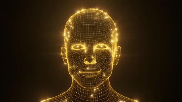 Golden wireframe human head with luminous nodes, symbolizing artificial intelligence, cognition, and digital visualization.