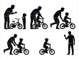 Obraz premium vector Father teaching son to ride bicycle silhouette set for Fathers Day celebration and childhood memories Isolated on transparent background