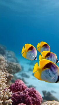 Colorful threadfin butterflyfish gracefully navigate a vibrant coral reef ecosystem in crystal clear blue water, their synchronized movements creating a mesmerizing underwater ballet